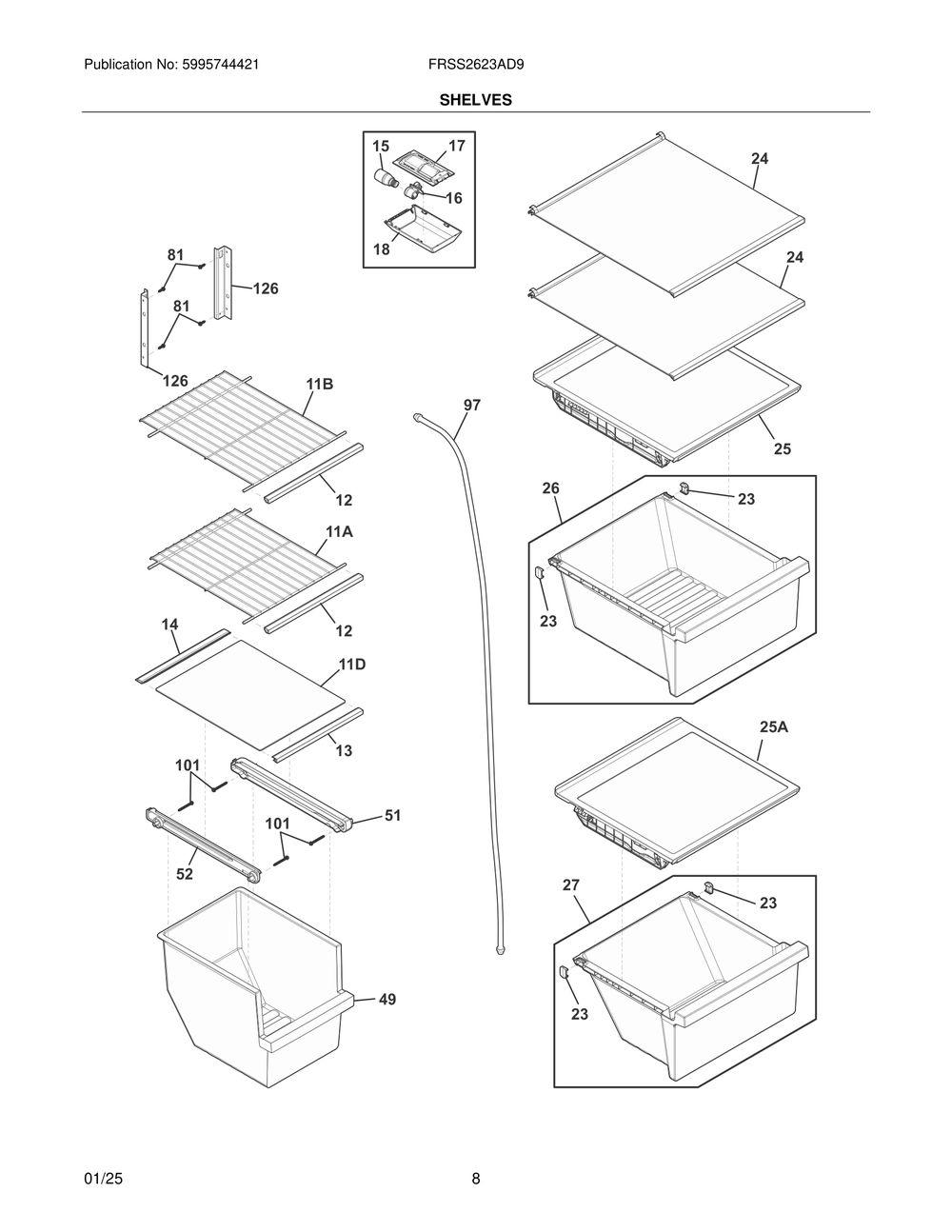 Shelves Diagram and Parts List for FRSS2623AD9  Frigidaire Refrigerator