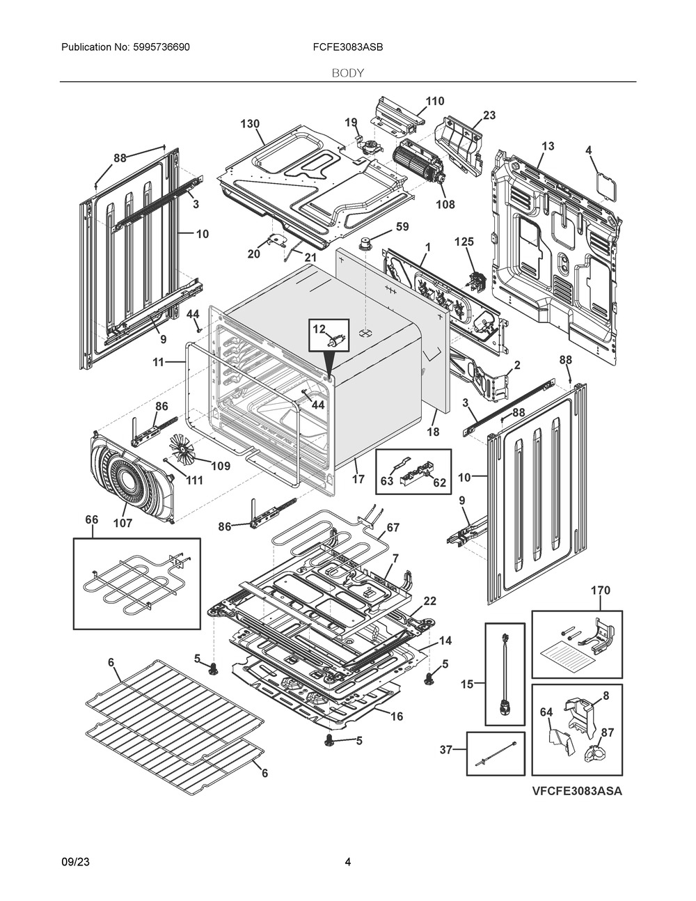 Body Diagram and Parts List for FCFE3083ASB  Frigidaire Range