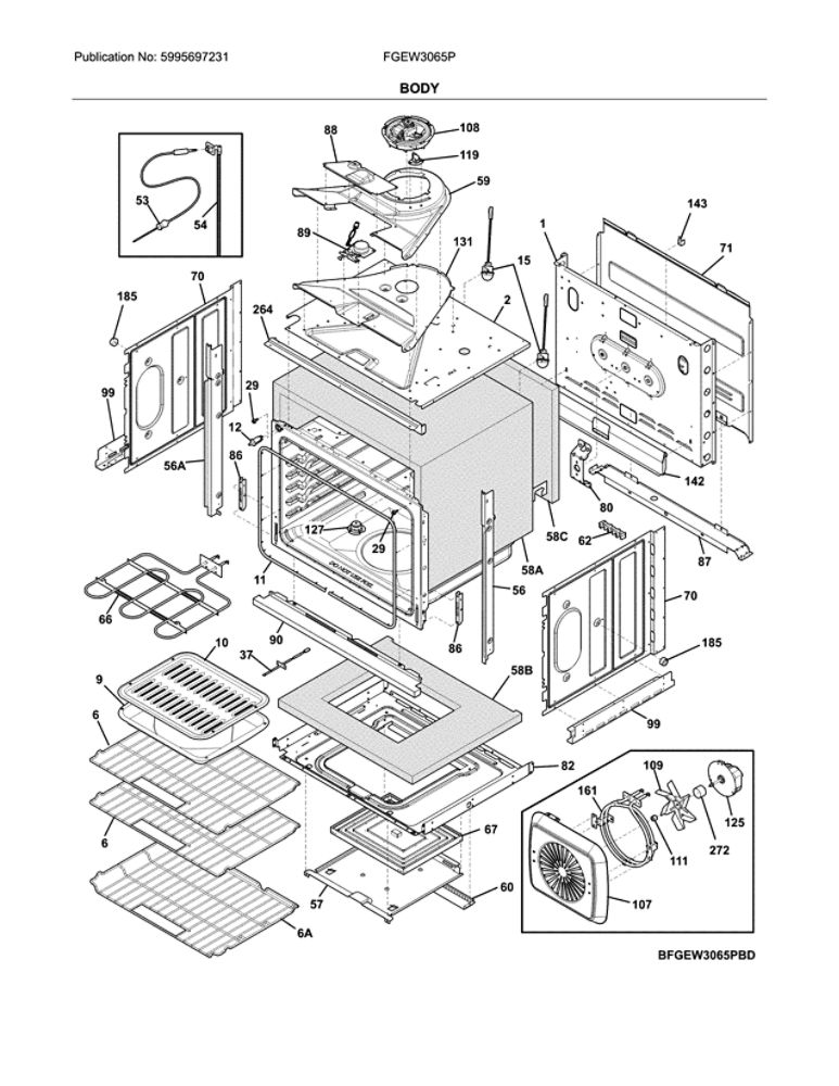 Body Diagram and Parts List for FGEW3065PWE  Frigidaire Wall Oven