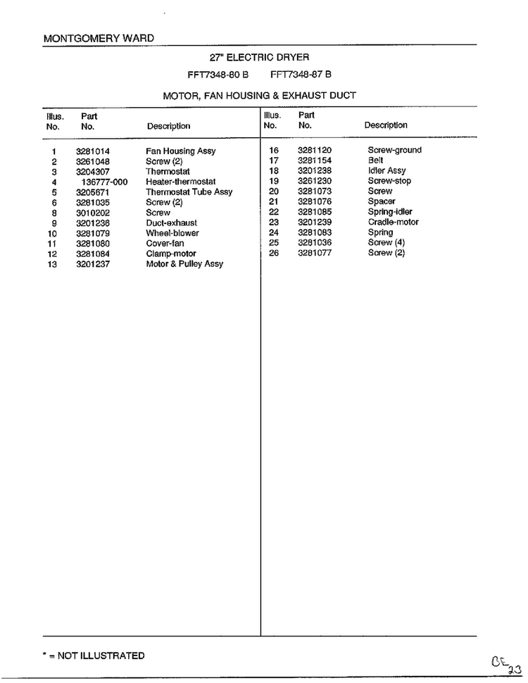 Motor, Fan Housing And Exhaust Duct Page 2 Diagram and Parts List for 7348B  Frigidaire Dryer