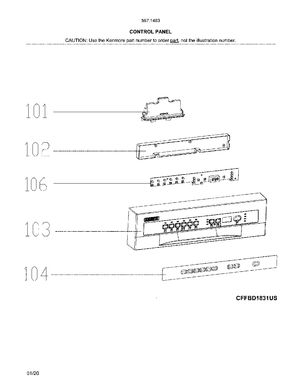 Control panel Diagram and Parts List for 58714639J01B  Kenmore Dishwasher