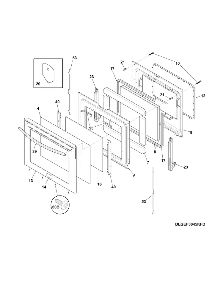 Door Diagram and Parts List for CGEF3058RFA  Frigidaire Range