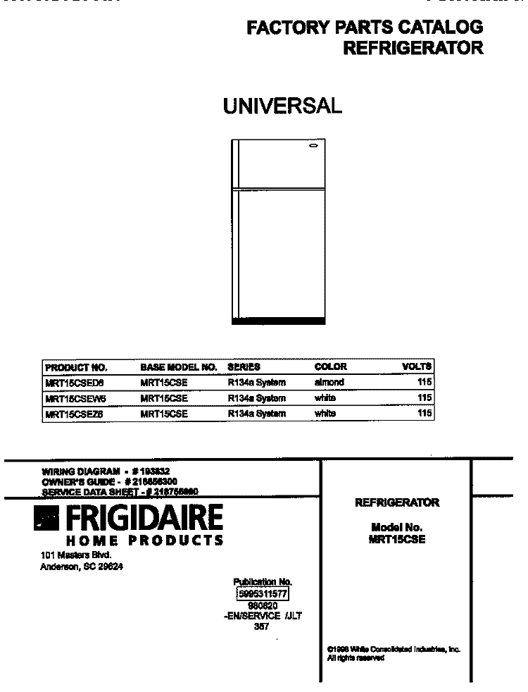 COVER Diagram and Parts List for MRT15CSEZ6  Frigidaire Refrigerator