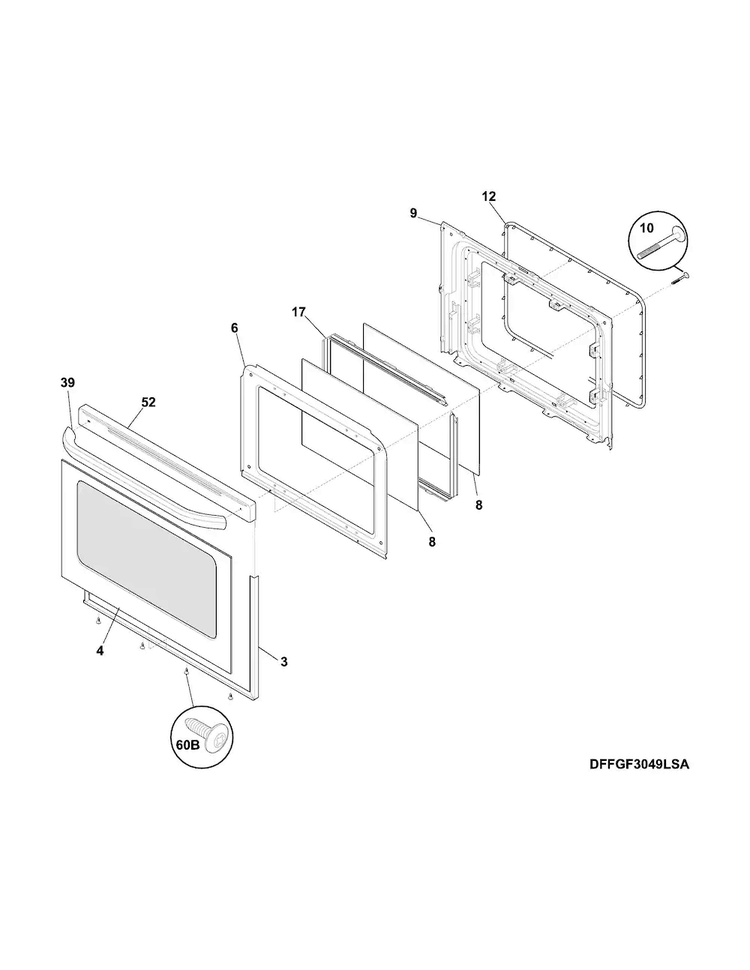 Door Diagram and Parts List for FFGF3047LSH  Frigidaire Range
