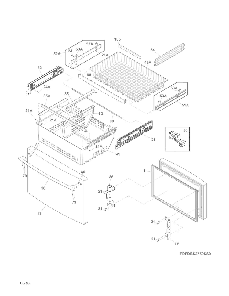 Freezer Drawer/baskets Diagram and Parts List for FDBS2750SS1  Frigidaire Refrigerator