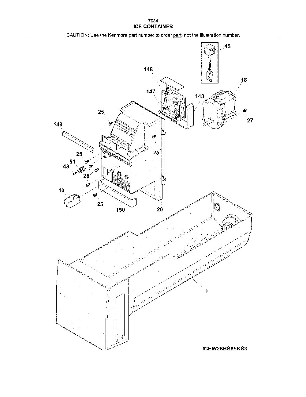Ice container Diagram and Parts List for 2537034241F  Kenmore Refrigerator