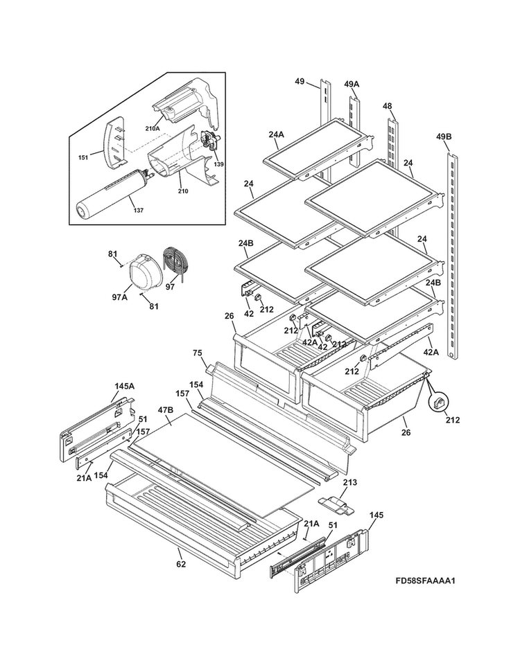 Shelves Diagram and Parts List for FGHB2844LEH  Frigidaire Refrigerator