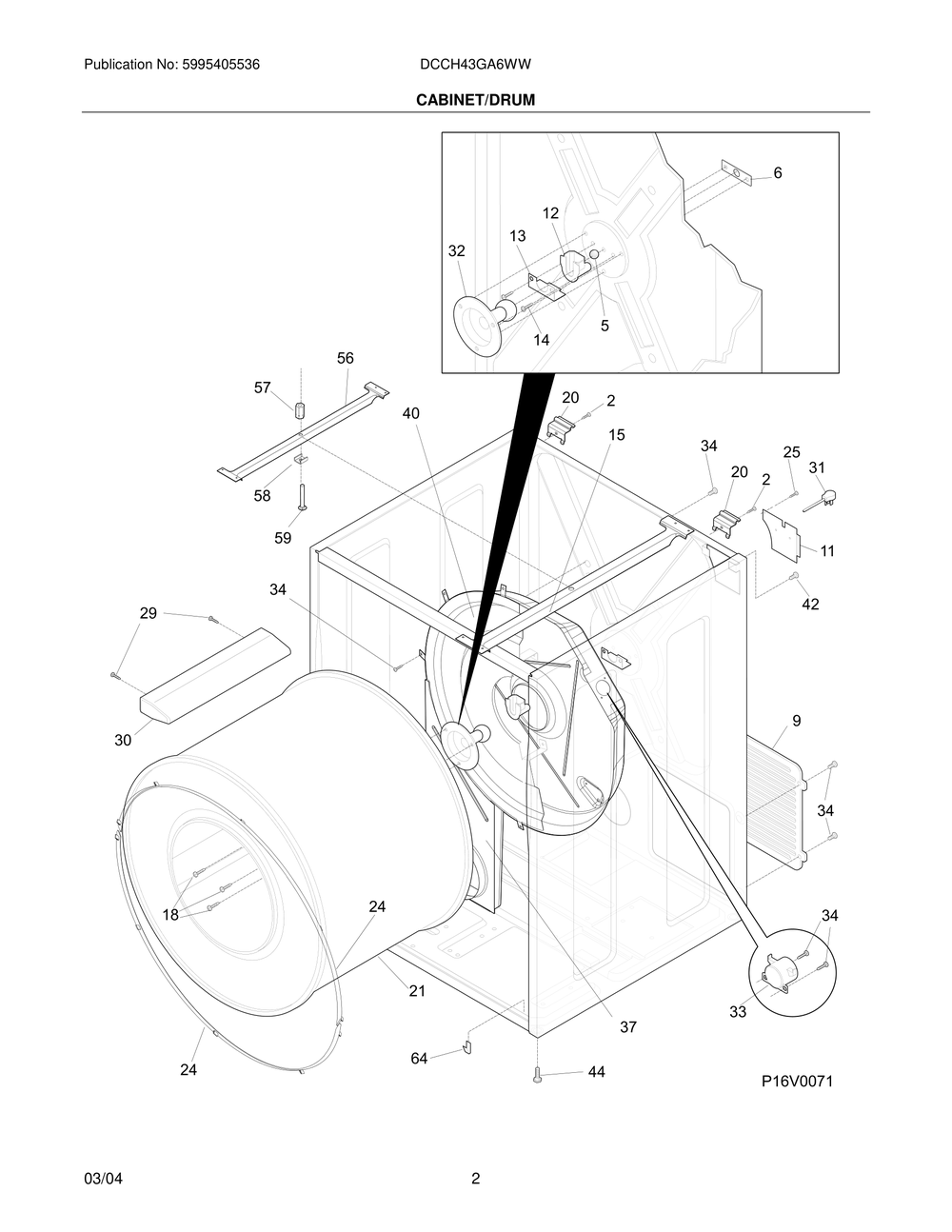 Cabinet/Drum Diagram and Parts List for DCCH43GA6WW  Frigidaire Dryer