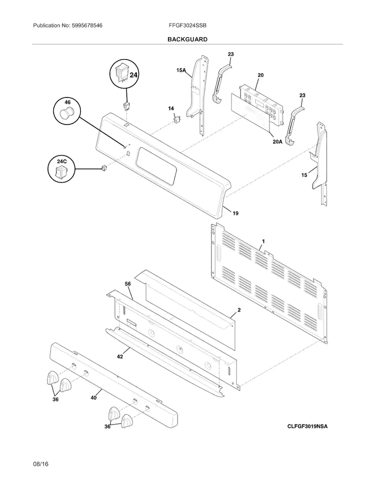 Backguard Diagram and Parts List for FFGF3024SSB  Frigidaire Range