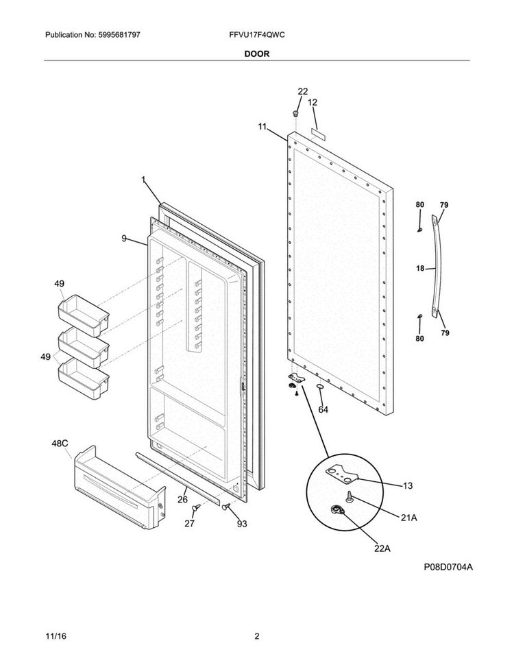 Door Diagram and Parts List for FFVU17F4QWC  Frigidaire Freezer