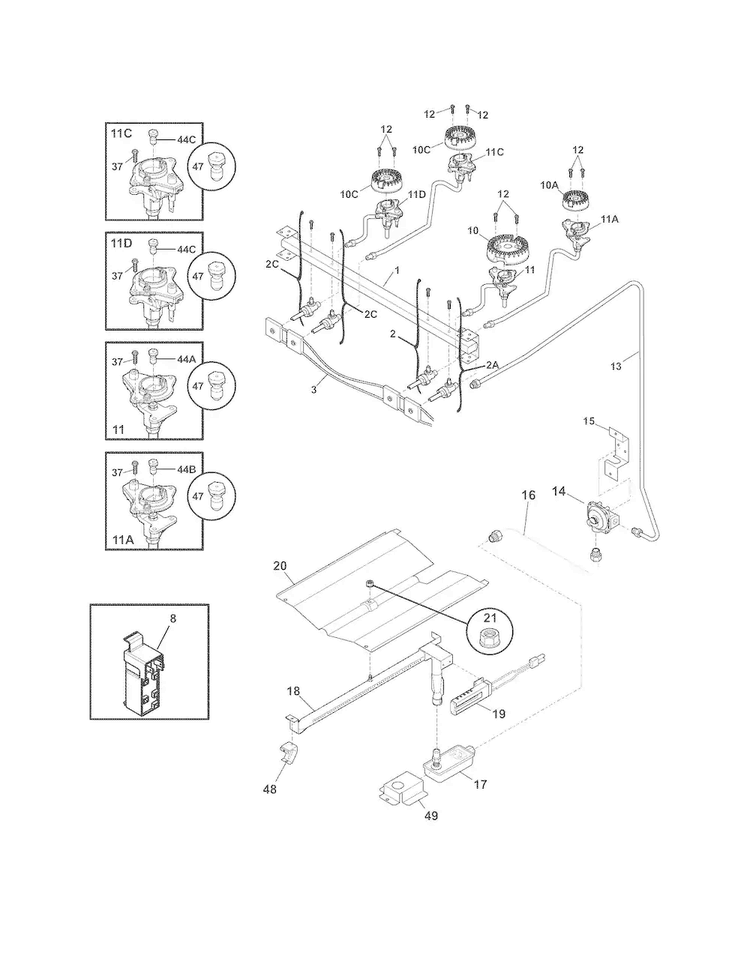 Burner Diagram and Parts List for FFGF3047LSF  Frigidaire Range