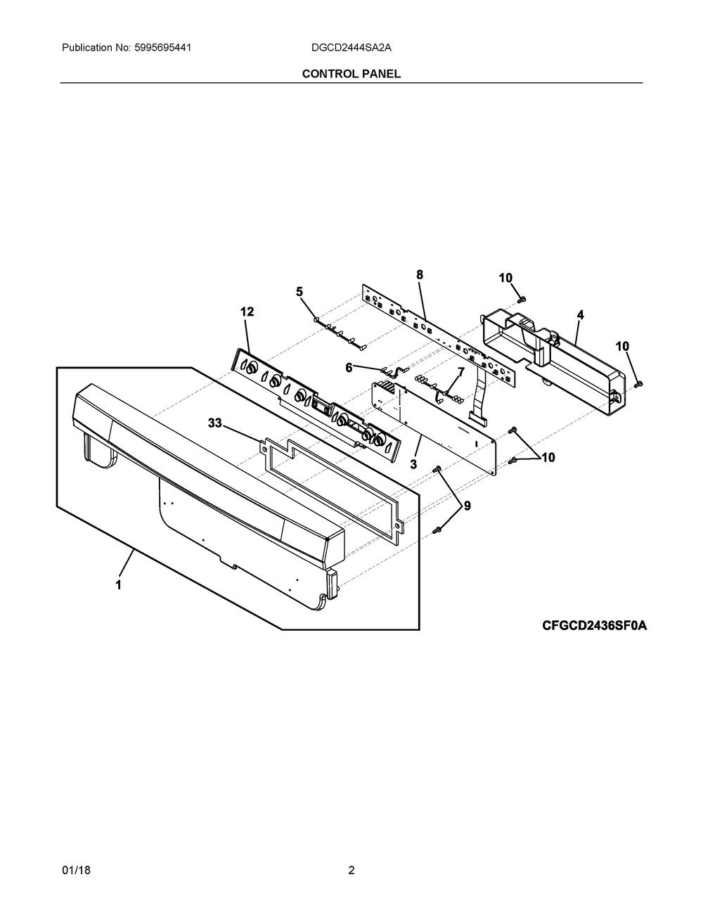 Control Panel Diagram and Parts List for DGCD2444SA2A  Frigidaire Dishwasher