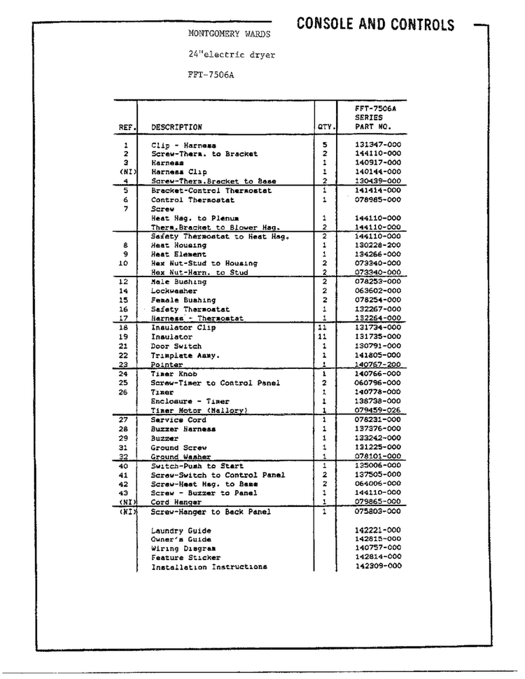 24" Electric Dryer Page 2 Diagram and Parts List for 7506A  Frigidaire Dryer