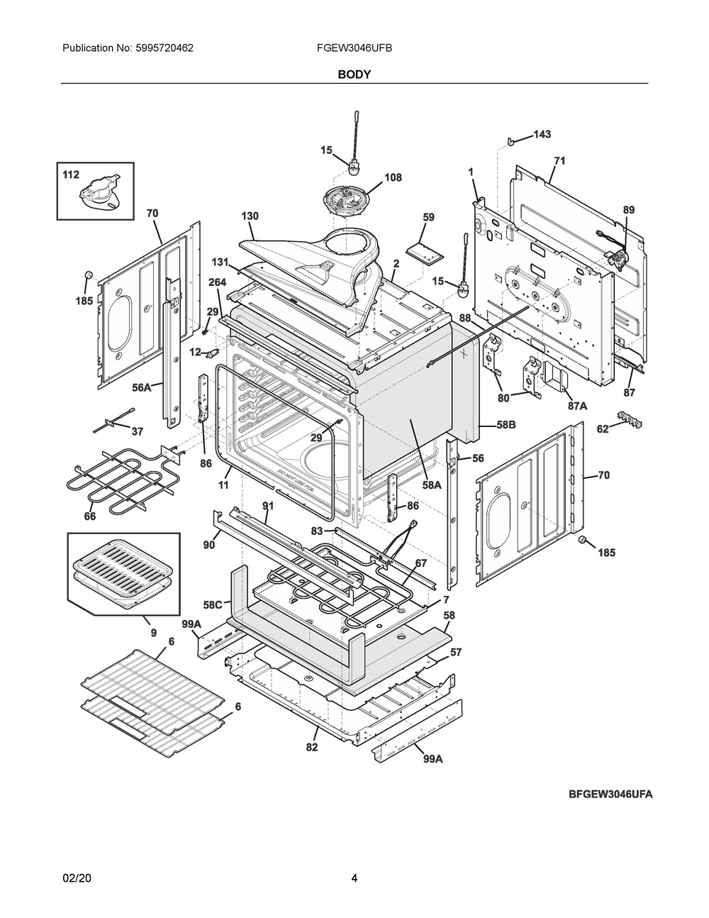 Body Diagram and Parts List for FGEW3046UFB  Frigidaire Range