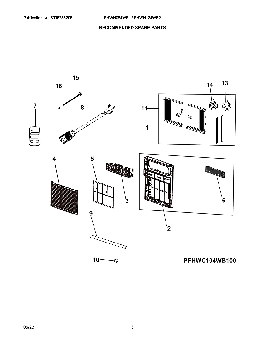 Recommended Spare Parts Diagram and Parts List for FHWH084WB10  Electrolux Air Conditioner