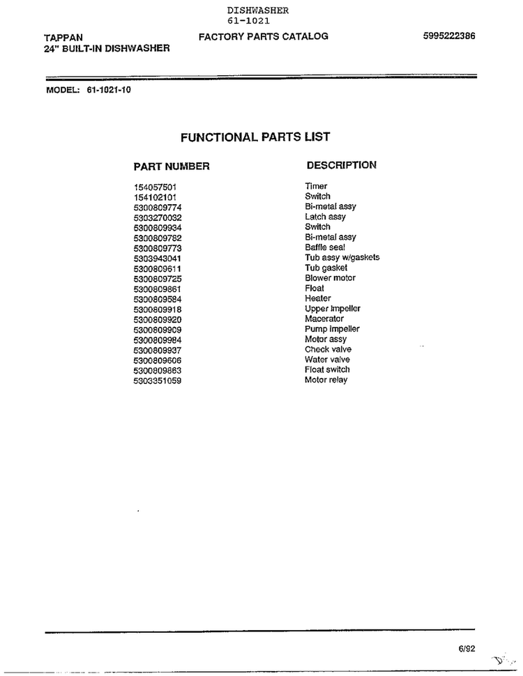Functional Parts List Diagram and Parts List for 61-1021  Tappan Dishwasher