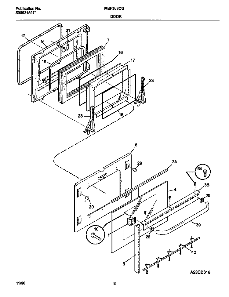 DOOR Diagram and Parts List for MEF368CGS2  Frigidaire Wall Oven