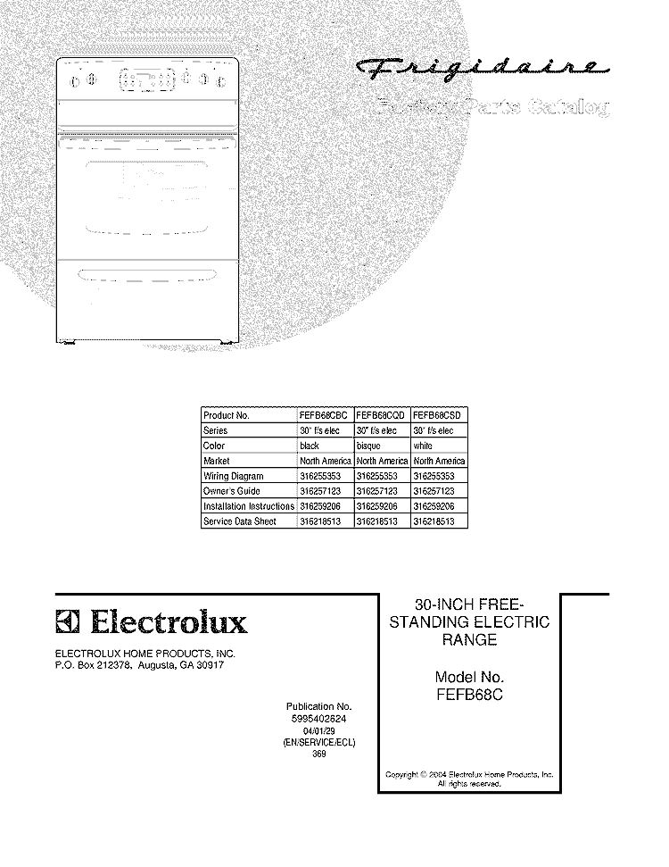COVER Diagram and Parts List for FEFB68CBC  Frigidaire Range