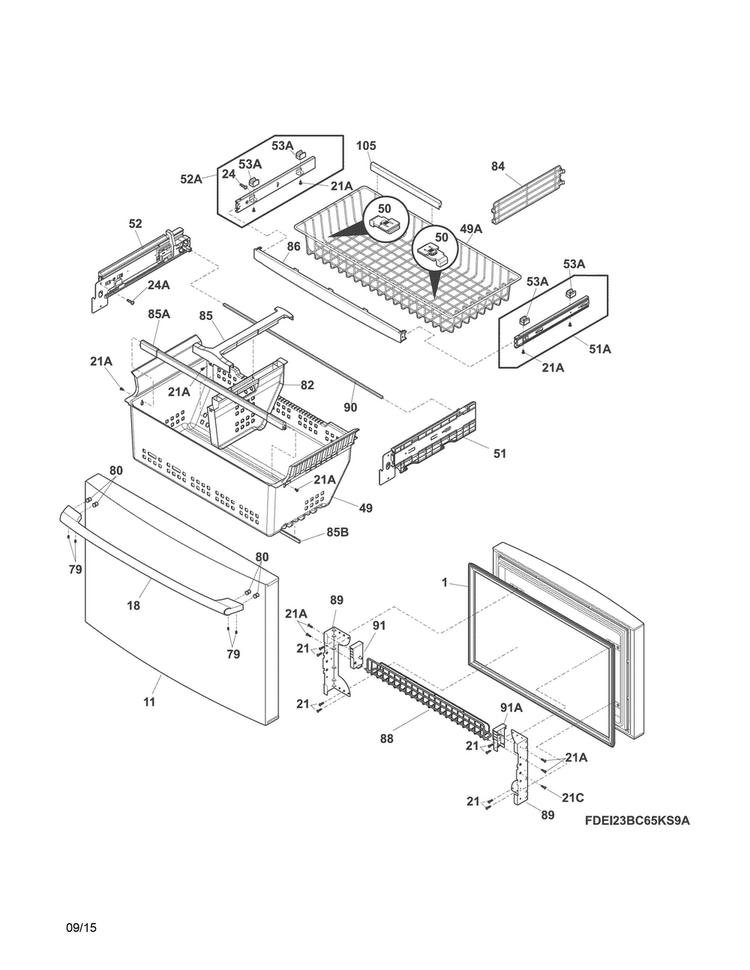 Freezer Drawer, Baskets Diagram and Parts List for EI23BC60KS5A  Electrolux Refrigerator