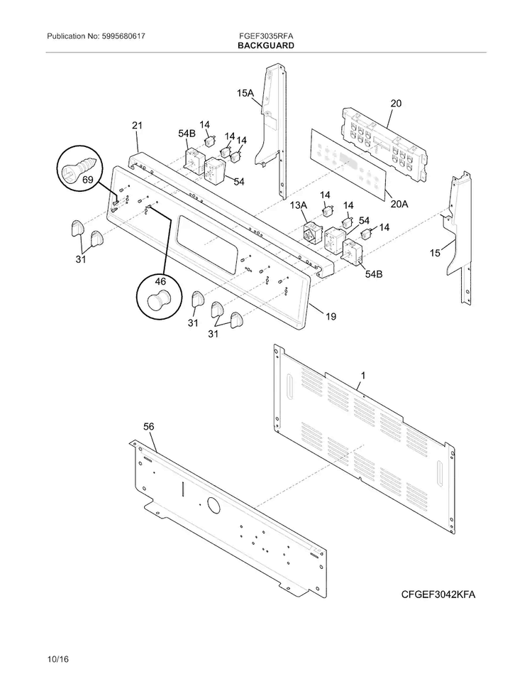 Backguard Diagram and Parts List for FGEF3035RFA  Frigidaire Range