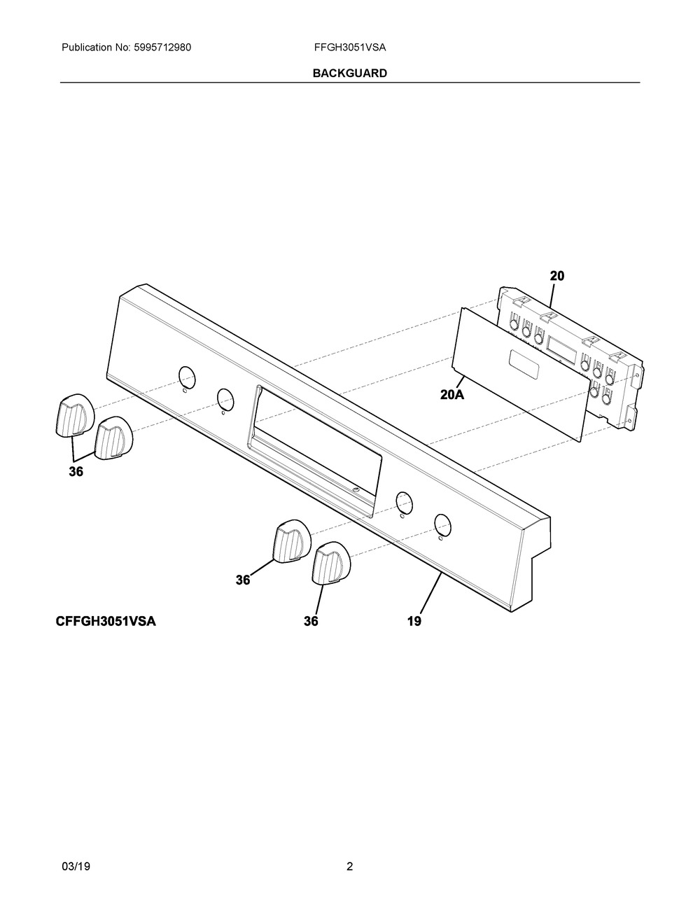 Backguard Diagram and Parts List for FFGH3051VSA  Frigidaire Range