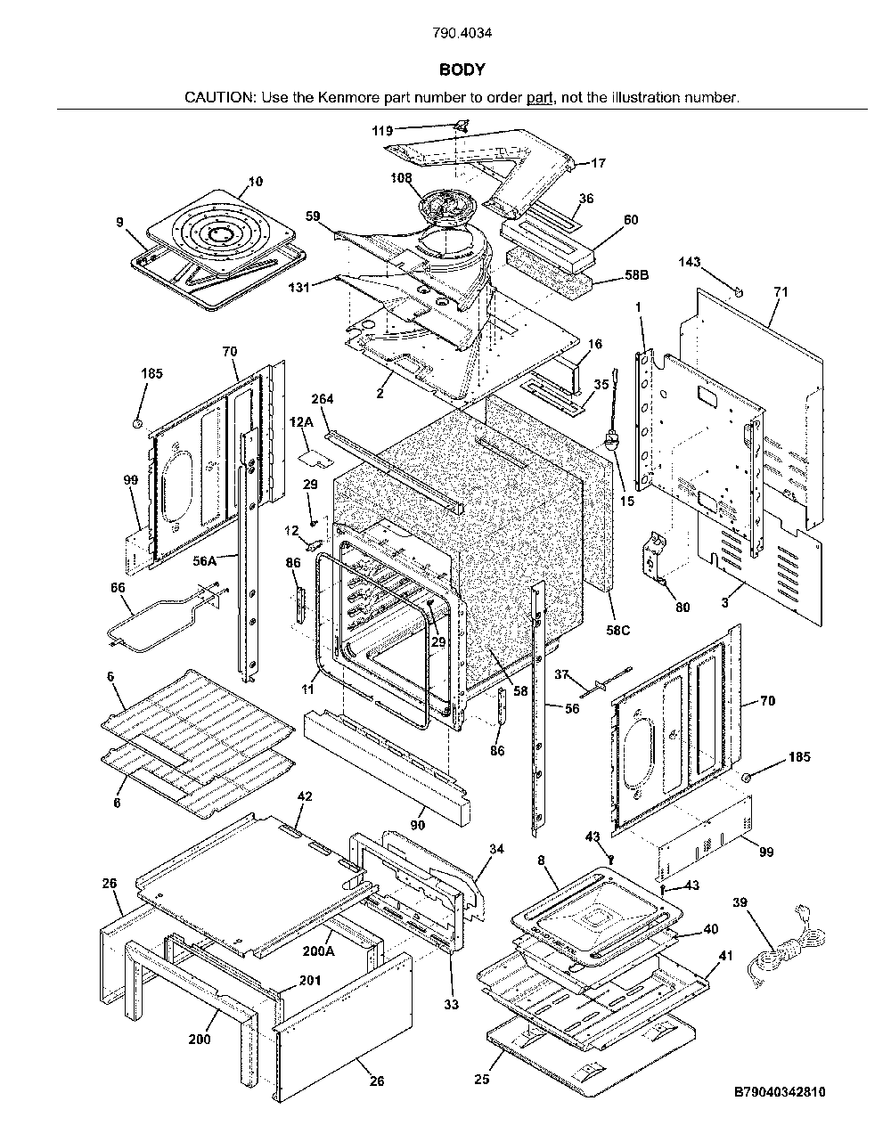 Body Diagram and Parts List for 790403412810  Kenmore Wall Oven