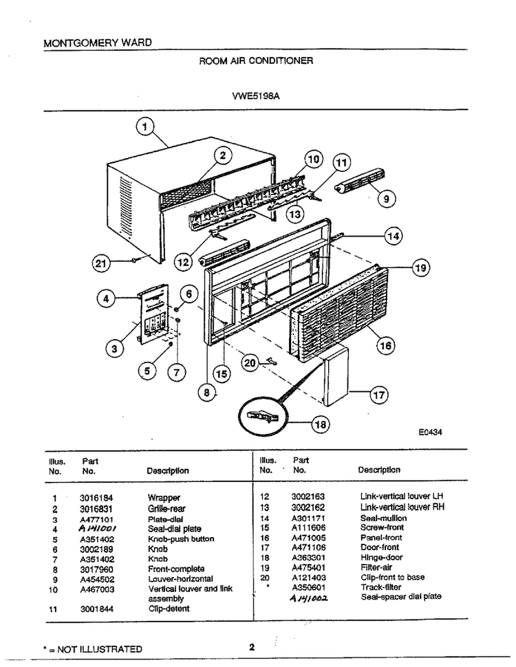 Room Air Conditioner Diagram and Parts List for 5198A  Frigidaire Air Conditioner