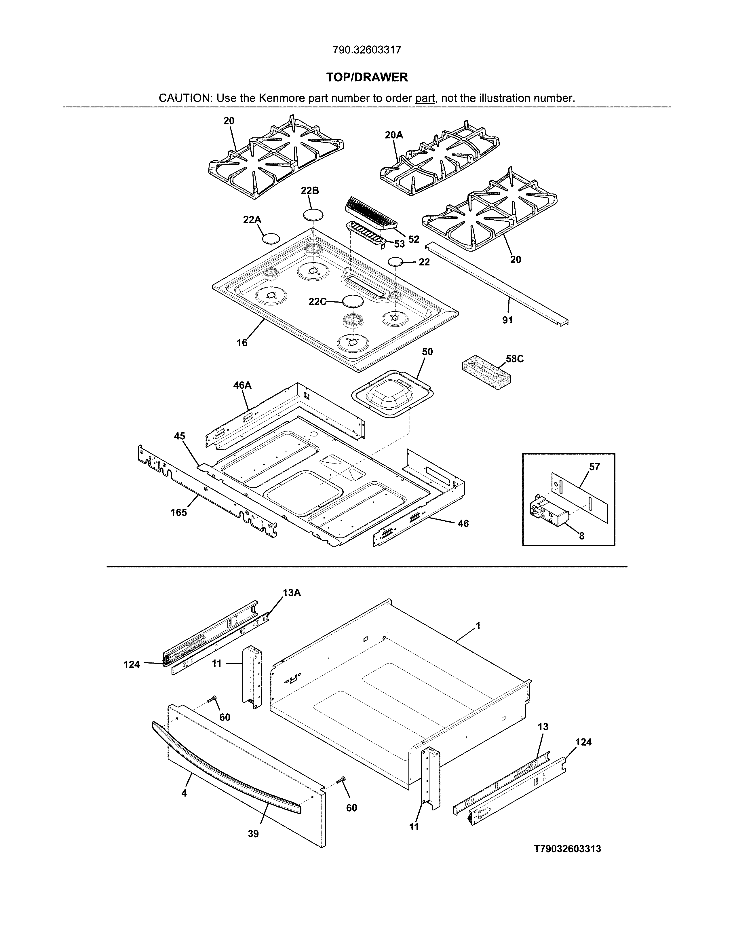Top/drawer Diagram and Parts List for 79032603317  Kenmore Range