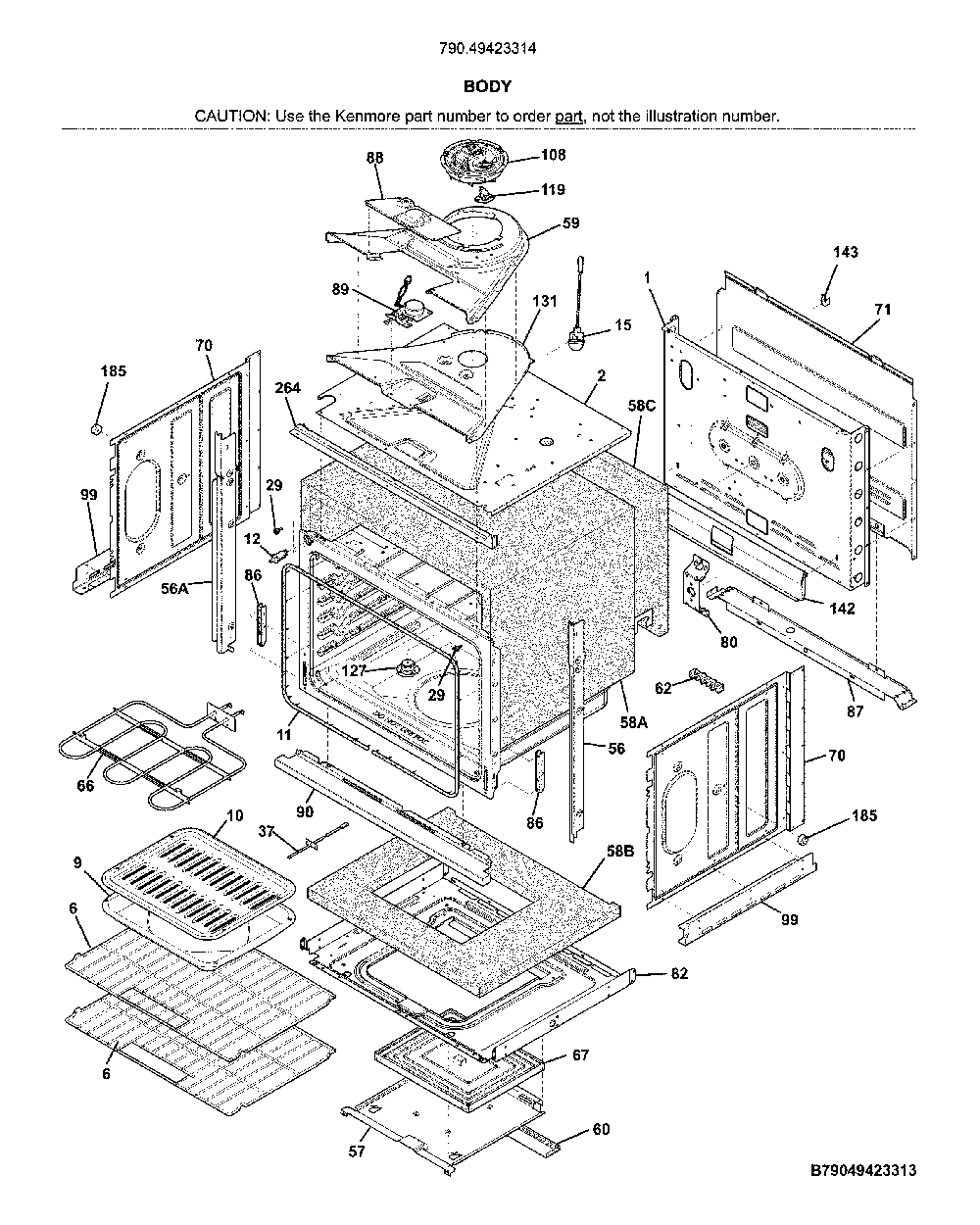 Body Diagram and Parts List for 79049423314  Kenmore Wall Oven