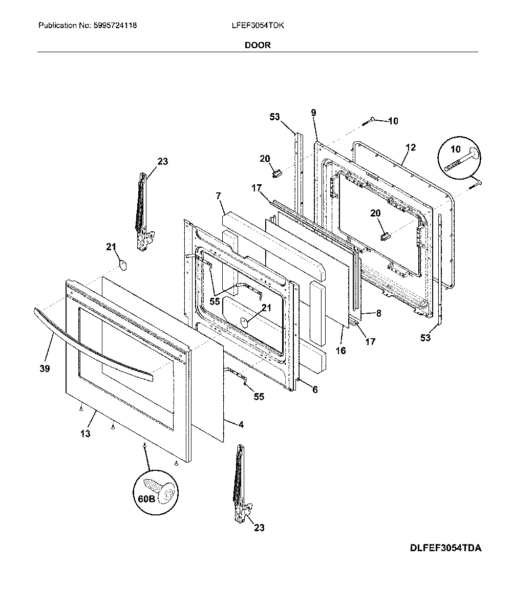 Door Diagram and Parts List for LFEF3054TDK  Frigidaire Range