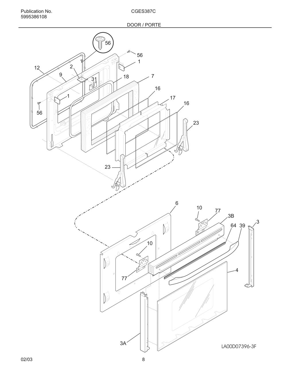 Door / Porte Diagram and Parts List for CGES387CB1  Frigidaire Range