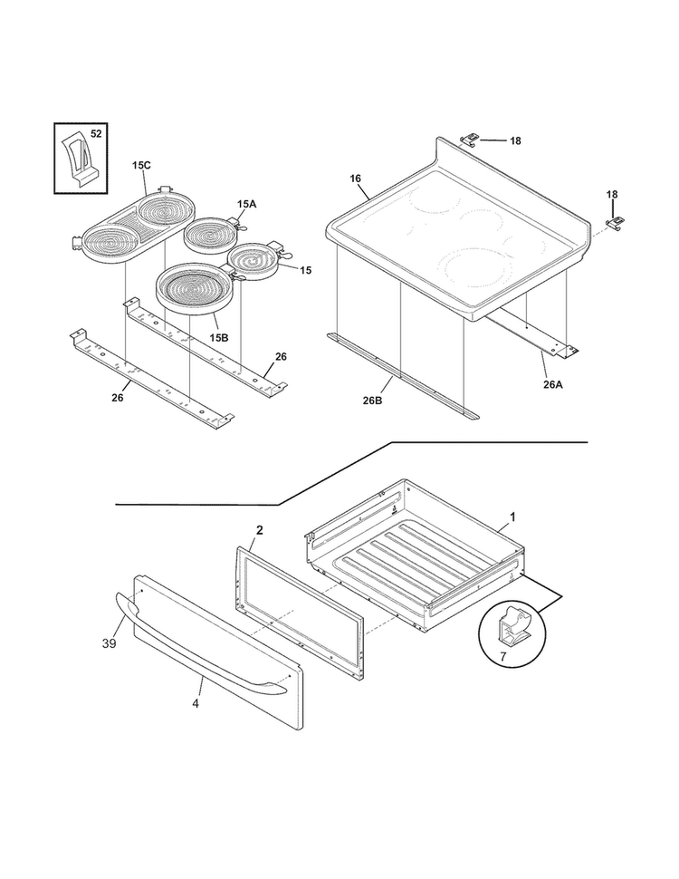 Top/drawer Diagram and Parts List for FEFB89ECF  Frigidaire Range