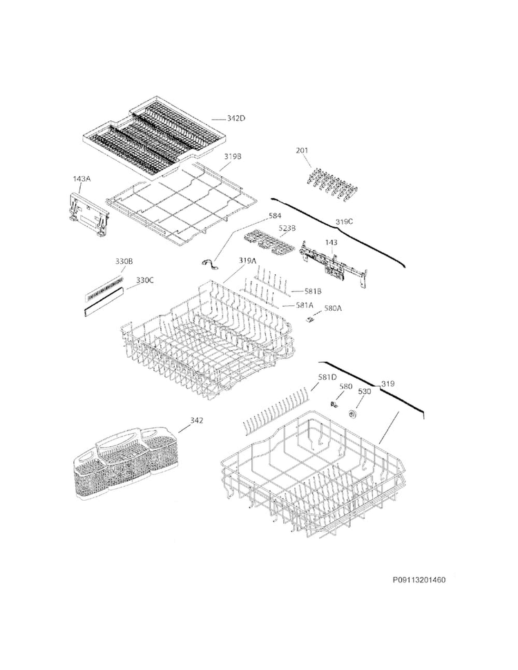 Racks Diagram and Parts List for FGID2477RF3A  Frigidaire Dishwasher