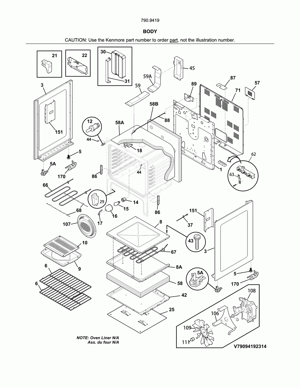 Body Diagram and Parts List for 79094192315  Kenmore Range