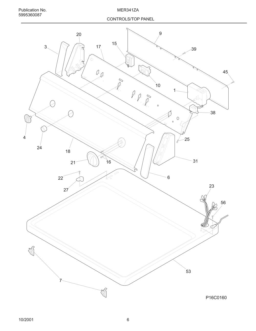 Controls/Top Panel Diagram and Parts List for MER341ZAQ0  Frigidaire Dryer