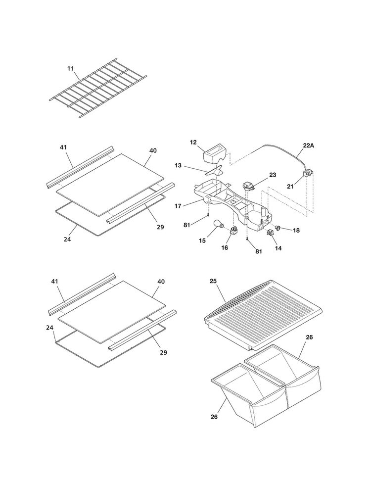 Shelves Diagram and Parts List for 25362924016  Kenmore Refrigerator