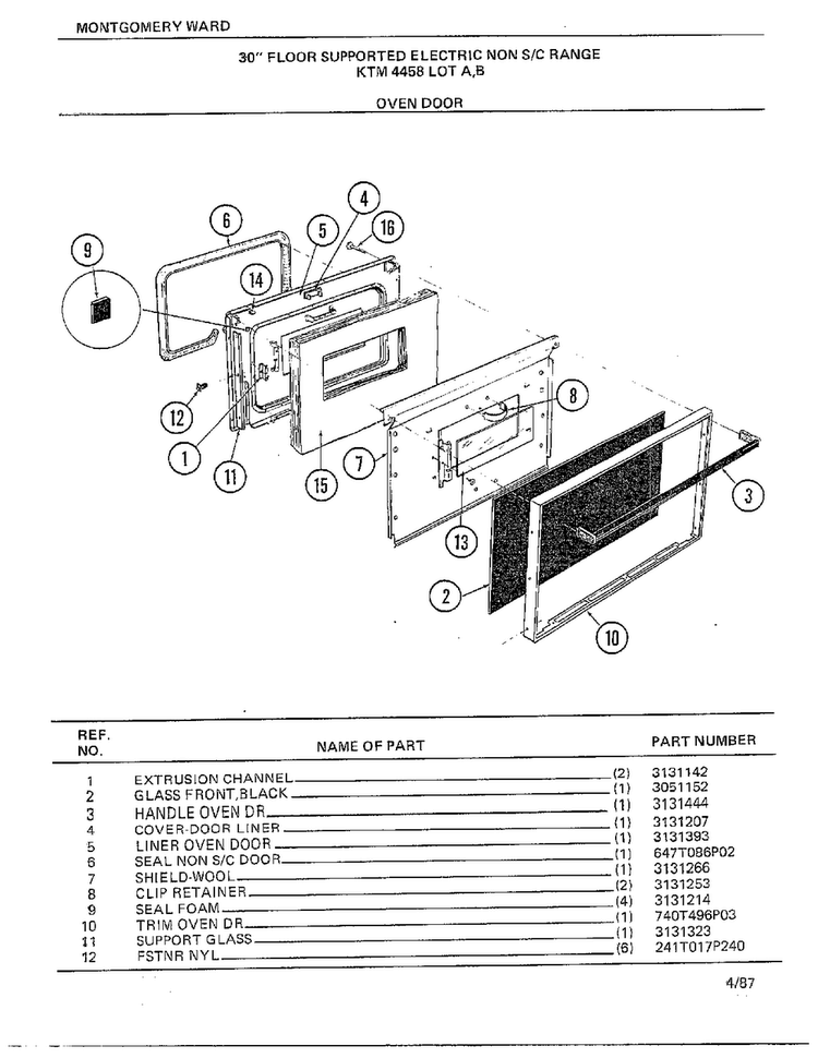 30" Floor Supported Elec Oven Door Diagram and Parts List for 4458B  Frigidaire Range