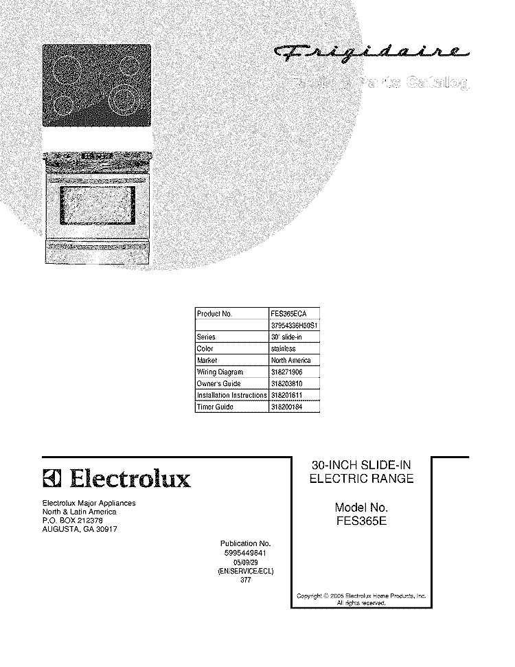 COVER Diagram and Parts List for FES365ECA  Frigidaire Range