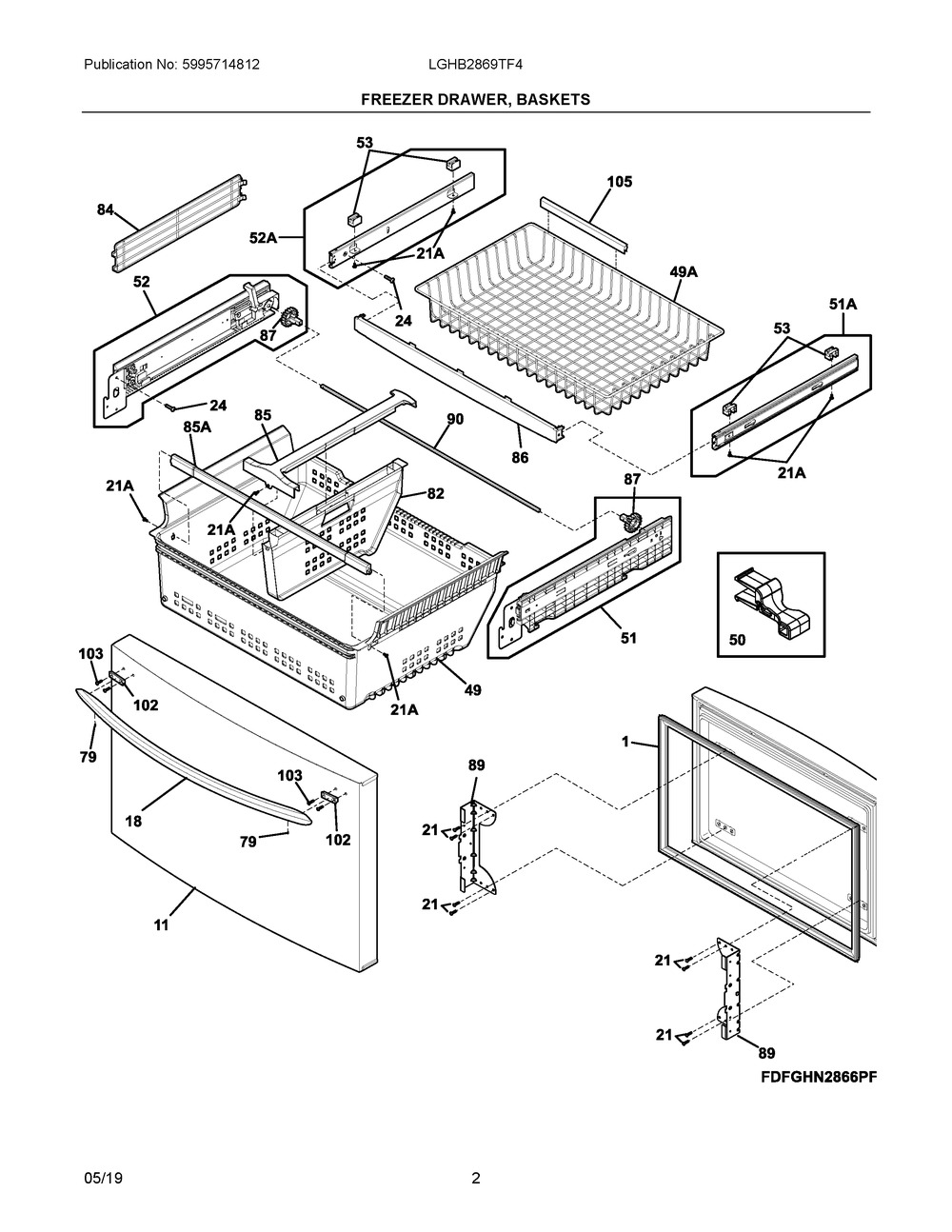 Freezer Drawer, Baskets Diagram and Parts List for LGHB2869TF4  Frigidaire Refrigerator