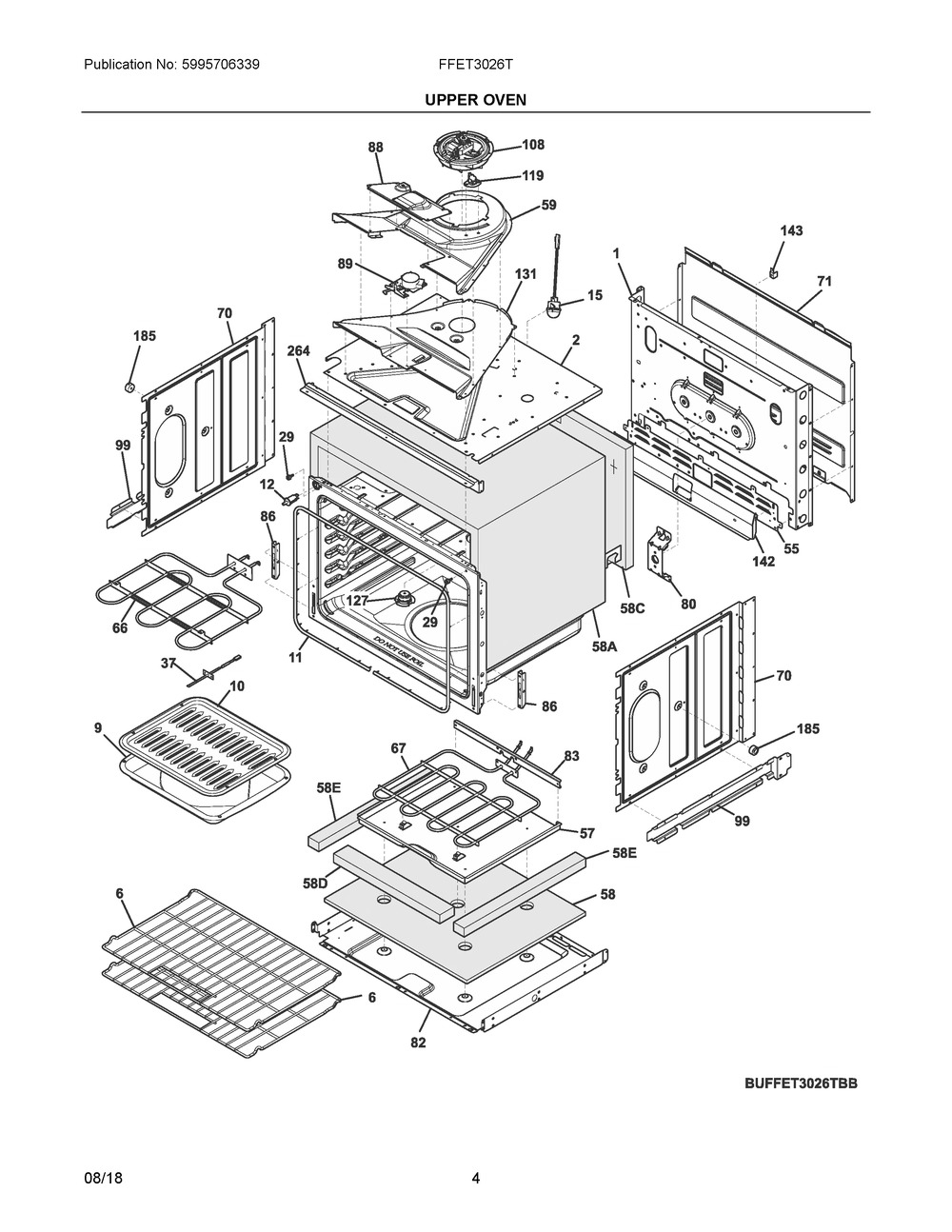 Upper Oven Diagram and Parts List for FFET3026TBC  Frigidaire Wall Oven