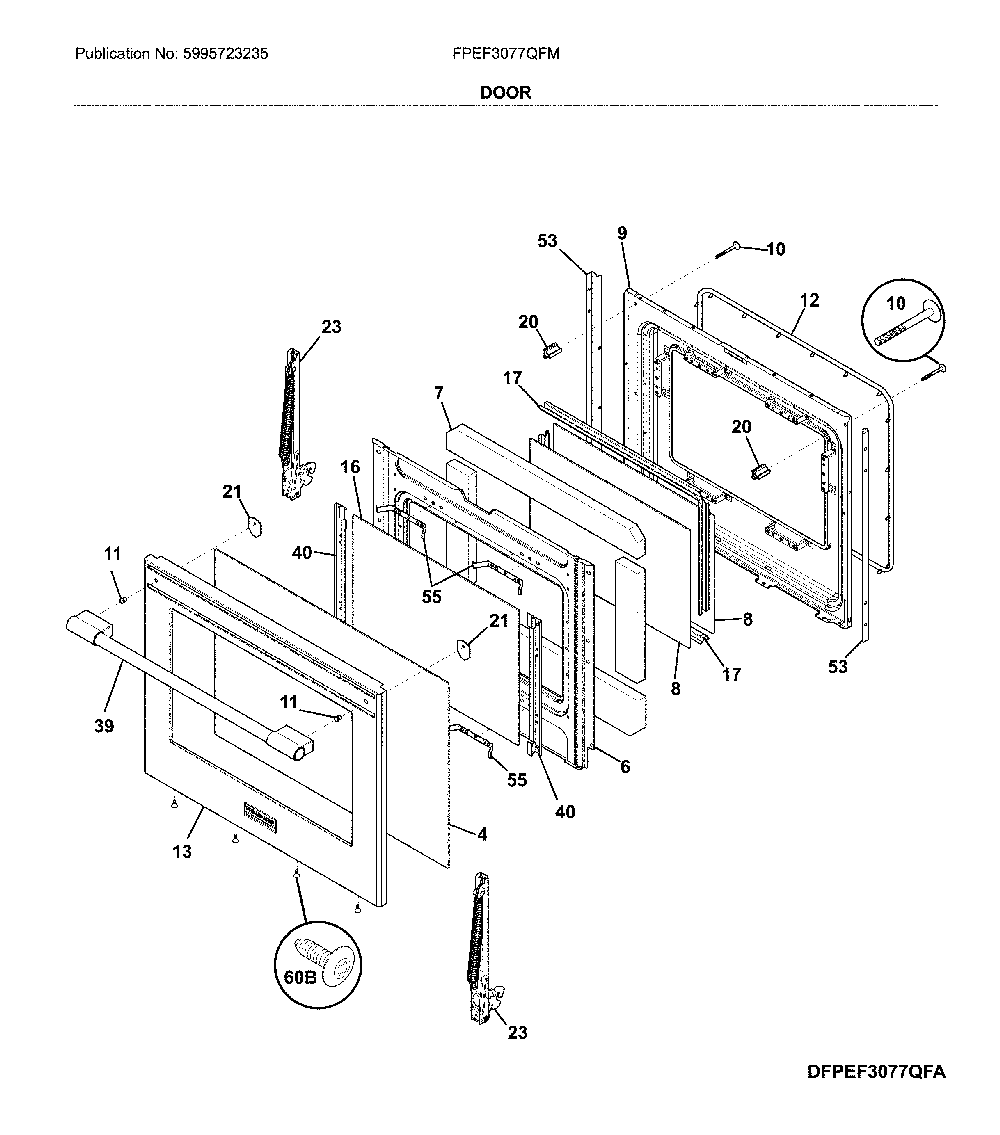Door Diagram and Parts List for FPEF3077QFM  Frigidaire Range
