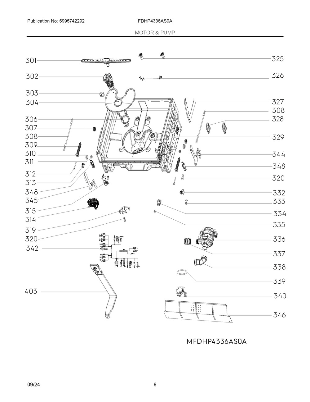 Motor And Pump Diagram and Parts List for FDHP4336AS0A  Frigidaire Dishwasher