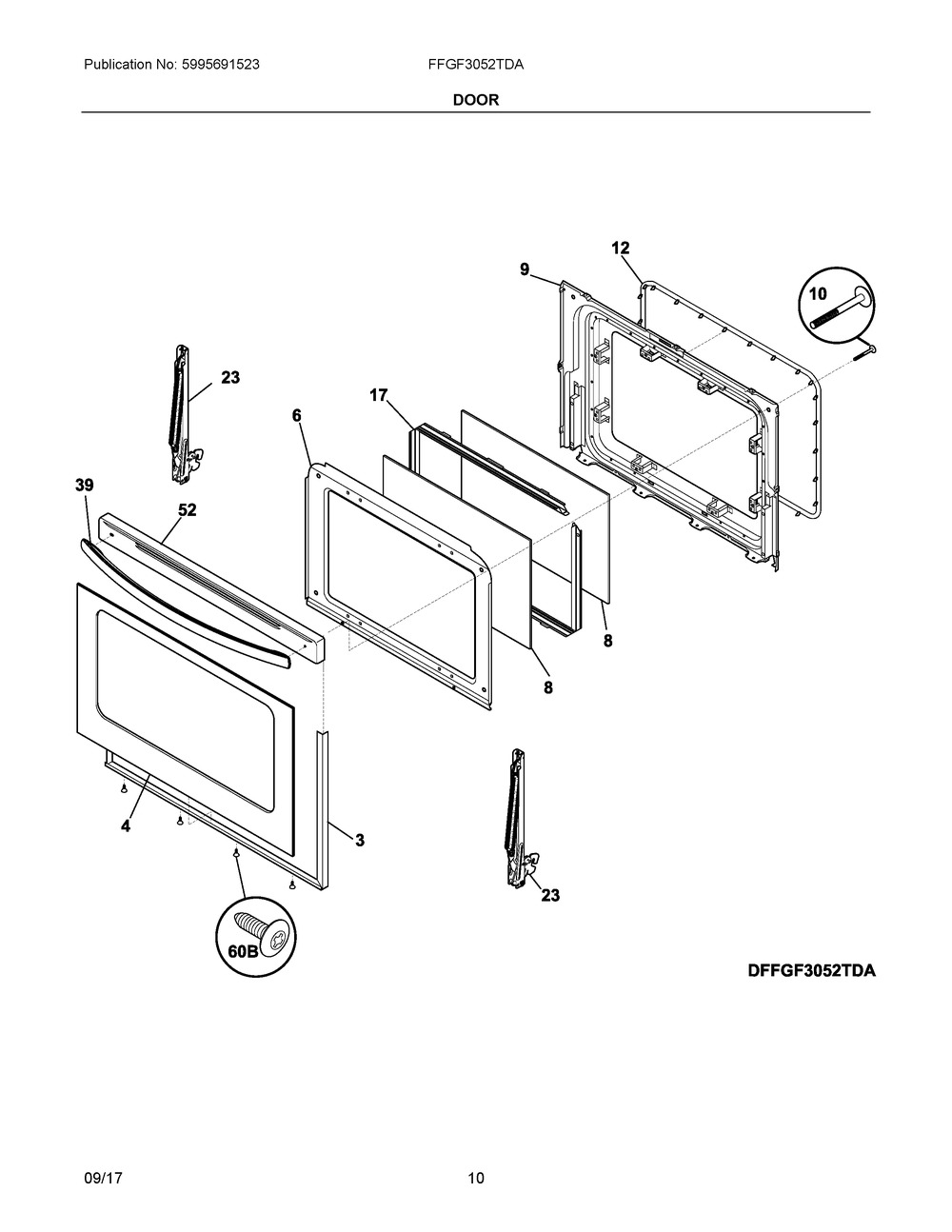 Door Diagram and Parts List for FFGF3052TDA  Frigidaire Range