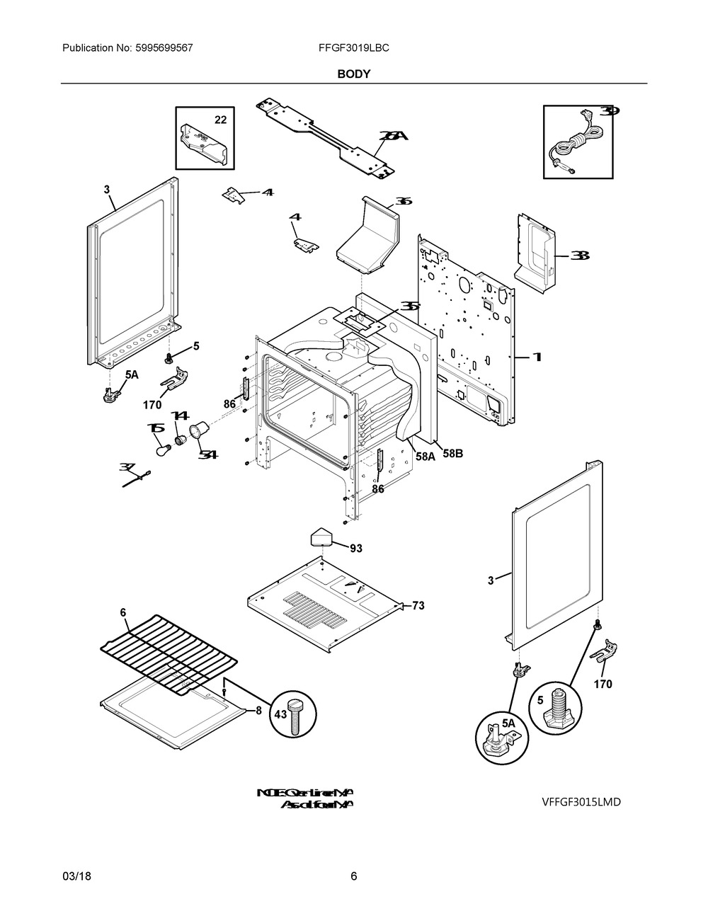 Body Diagram and Parts List for FFGF3019LBC  Frigidaire Range