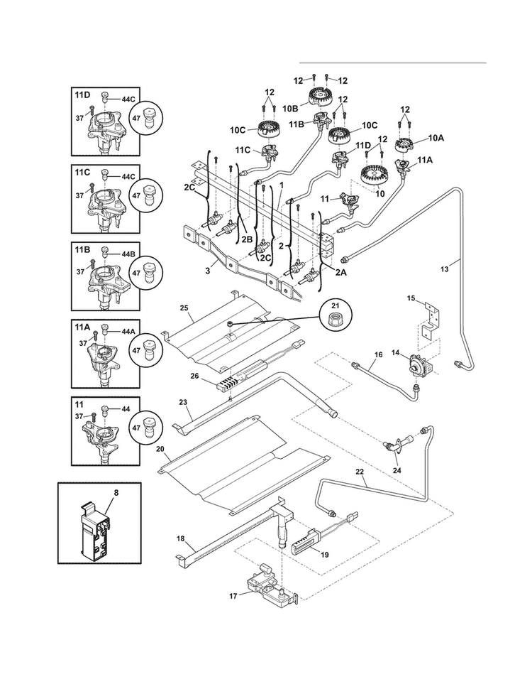 Burner Diagram and Parts List for CGGF3032MWB  Frigidaire Range