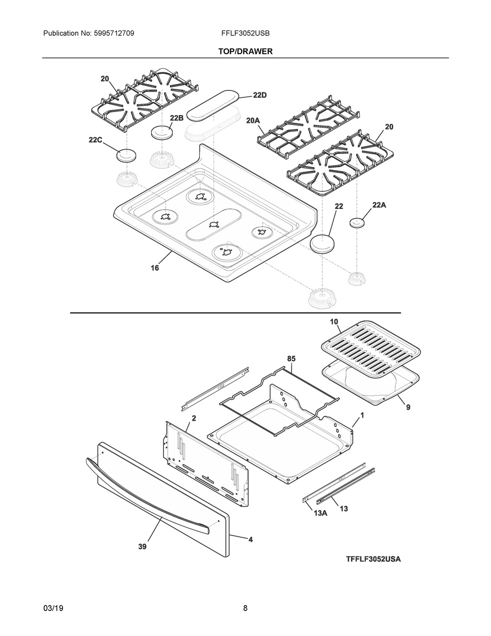 Top/drawer Diagram and Parts List for FFLF3052USB  Frigidaire Range