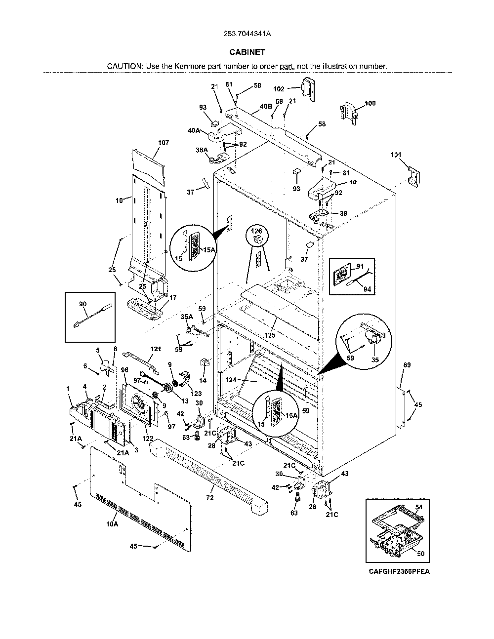 Cabinet Diagram and Parts List for 2537044341A  Kenmore Refrigerator