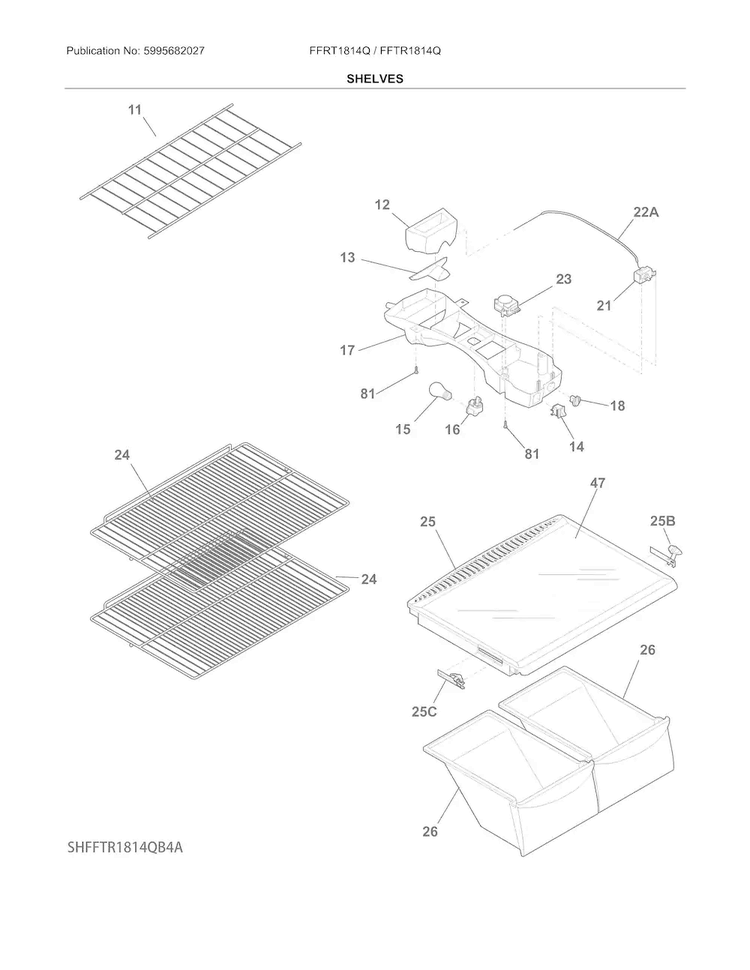 Shelves Diagram and Parts List for FFTR1814QW7B  Frigidaire Refrigerator