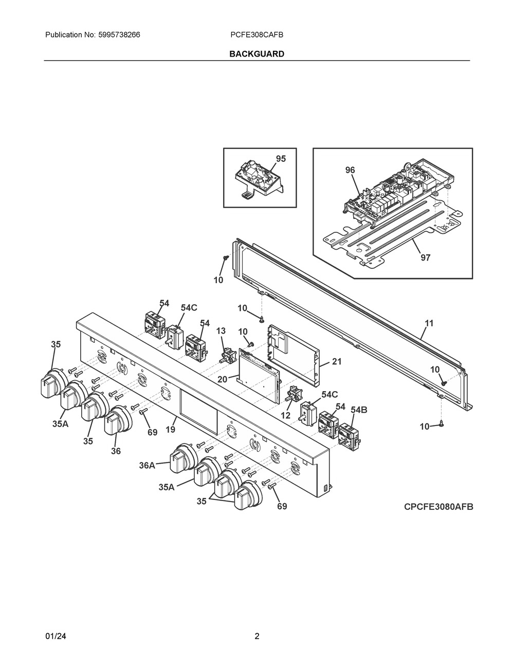 Backguard Diagram and Parts List for PCFE308CAFB  Frigidaire Range
