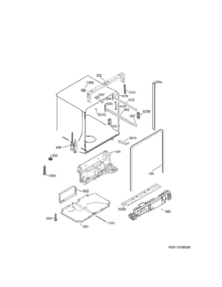 Tub & Frame Diagram and Parts List for E24ID74QPS3A  Electrolux Dishwasher